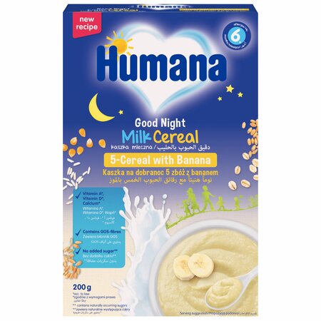Cereale integrale cu lapte si banana Noapte buna, +6 luni, 200 g, Humana