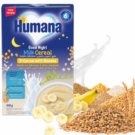 Cereale integrale cu lapte si banana Noapte buna, 6 luni+, 200 g, Humana 678080