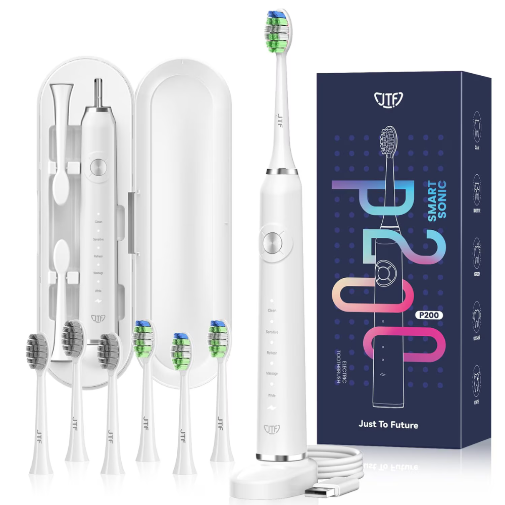 Periuta de dinti electrica + 6 capete de rezerva si cutie de calatorii P200, Alb, JTF