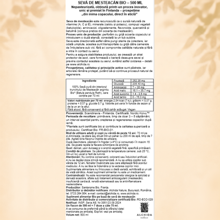 Seva de Mesteacan Pura Nepasteurizata Bio, 500 ml, Santarome 806478