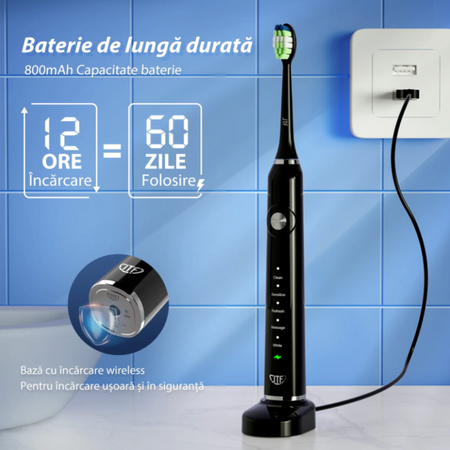 Periuta de dinti electrica + 6 capete de rezerva si cutie de calatorii P200, Negru, JTF 678395