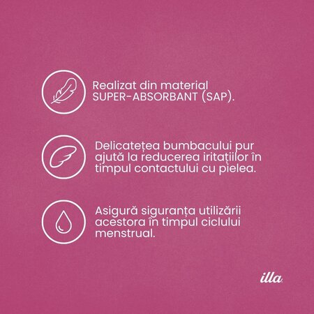 Absorbante de noapte extra din bumbac, 12 bucati, Illa 683722