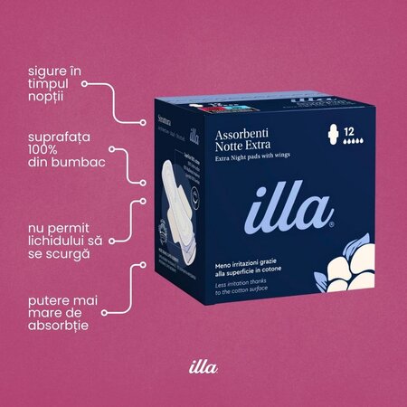 Absorbante de noapte extra din bumbac, 12 bucati, Illa 683723
