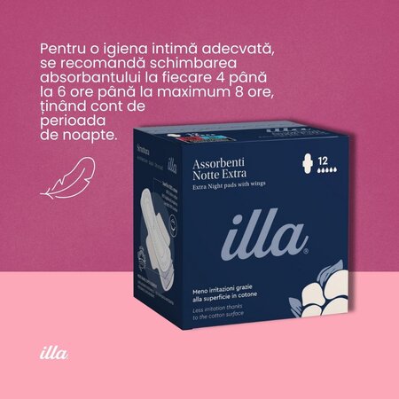 Absorbante de noapte extra din bumbac, 12 bucati, Illa 683720