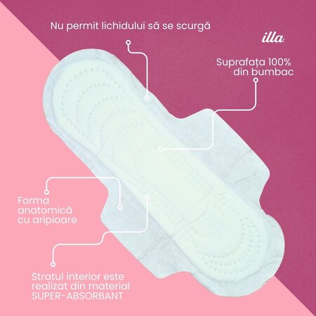 Absorbante de noapte extra din bumbac, 12 bucati, Illa 683719