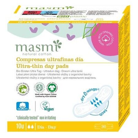 Absorbante lunare de zi din bumbac 100% cu aripioare, 10 buc, Masmi