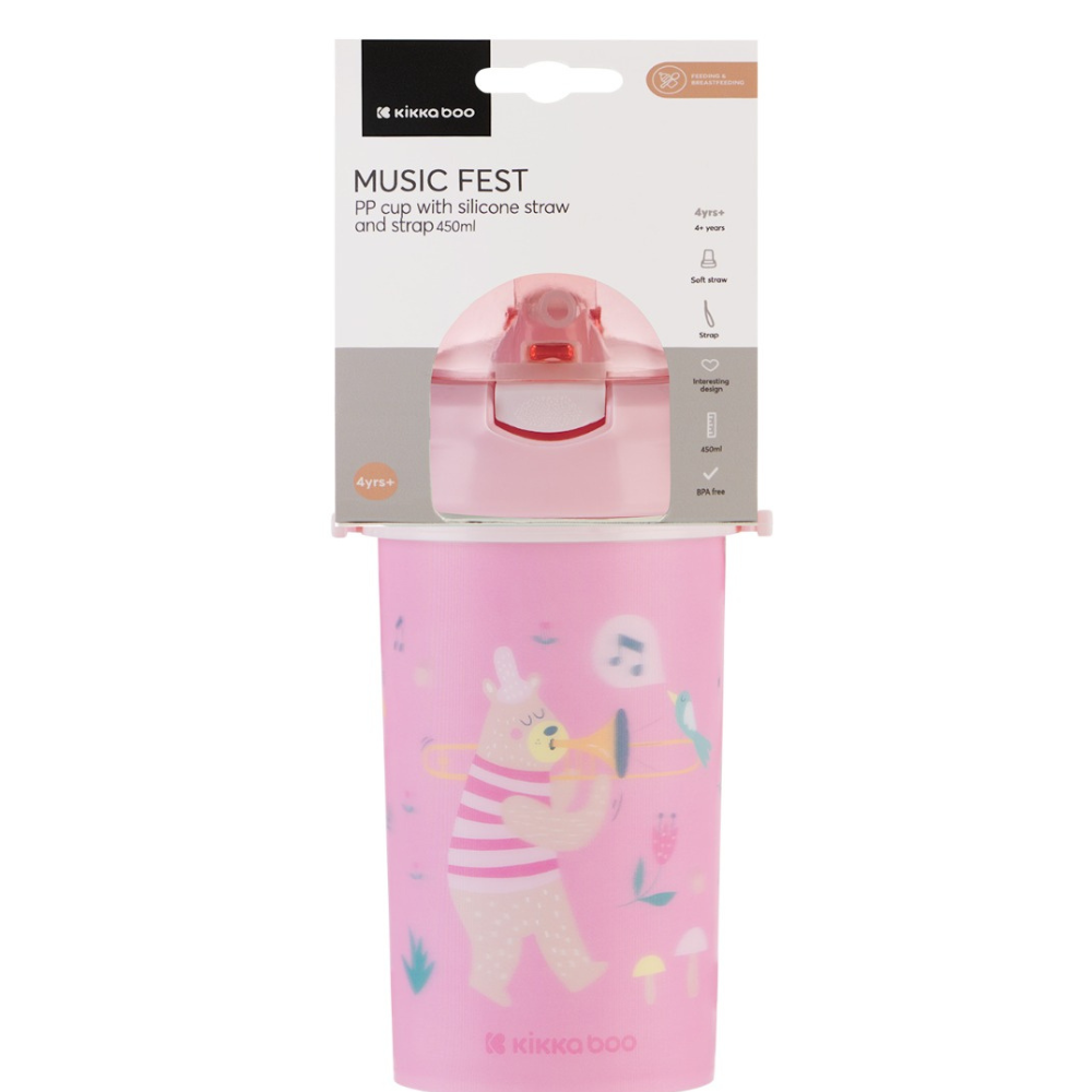 Cana cu pai si bretea Music Fest, 450 ml, Pink, Kikka Boo