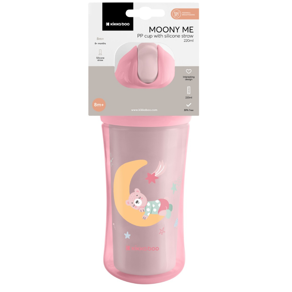 Cana cu pai Moony Me, +8 luni, 220 ml, Pink, Kikka Boo