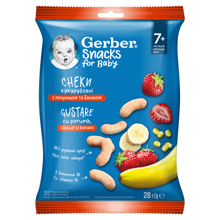 Gustare cu porumb, capsune si banane, +7 luni, 28 g, Gerber