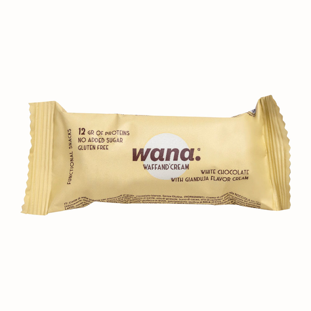 Napolitana proteica cu ciocolata alba si crema de Gianduia, 43 g, Wana