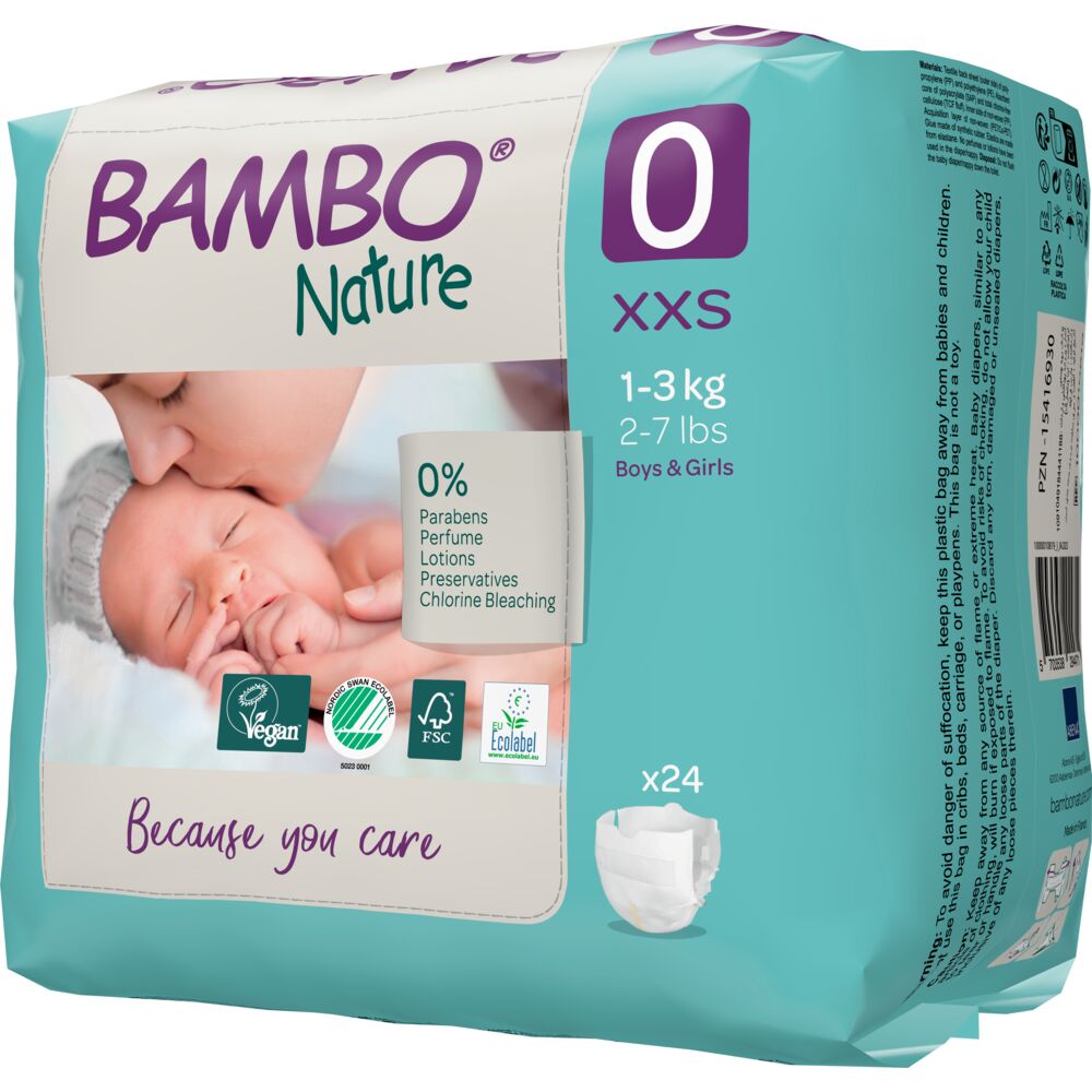 Scutece pentru prematuri, Nr.0, 1-3 kg, 24 buc, Bambo Nature