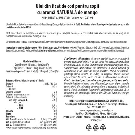 Ulei din ficat de cod pentru copii cu aroma de mango, 240 ml, Lysi 682351