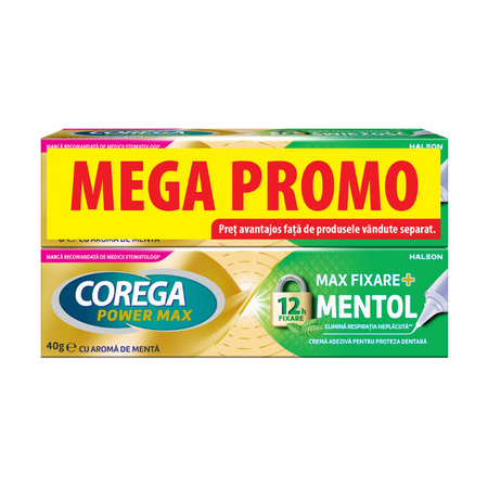 Pachet Crema adeziva pentru proteza dentara Max Fixare +, Mentol,2 x 40 g, Corega