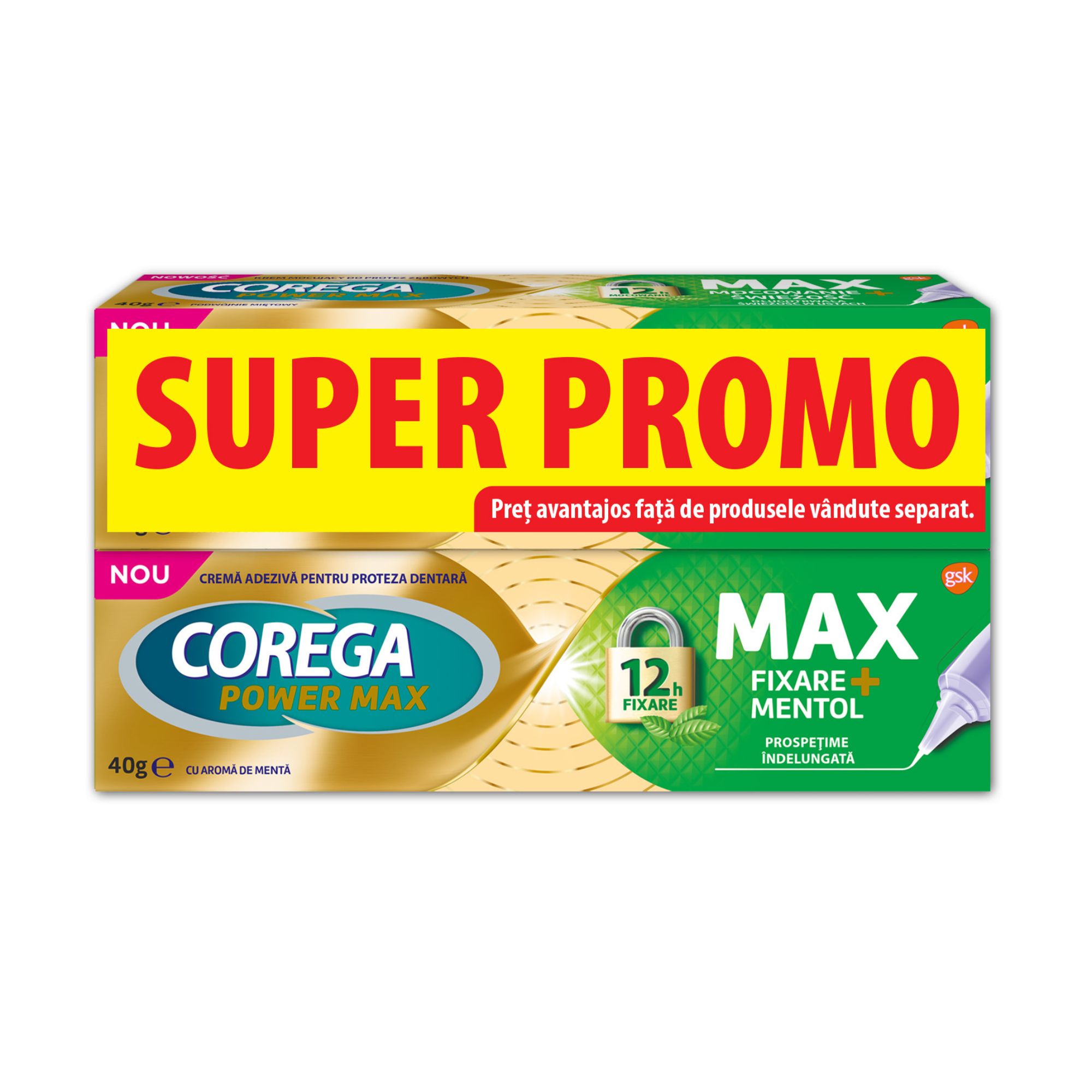 Pachet Crema adeziva pentru proteza dentara Max Fixare +, Mentol,2 x 40 g, Corega