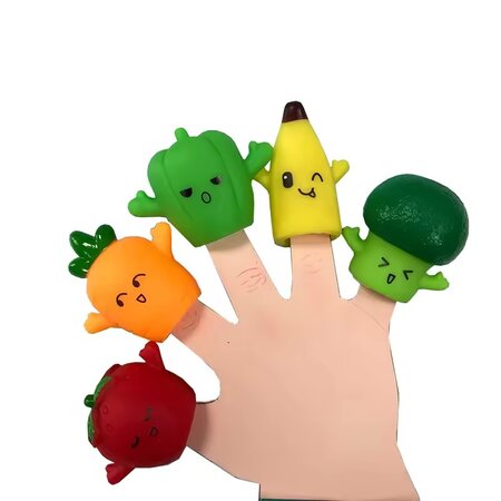 Set 5 marionete din silicon cu legume si fructe, + 3 ani, AcSmart