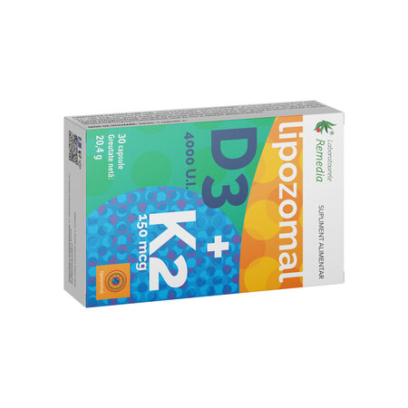 Vitamina D3 4000 UI + K2 150 mg Lipozomal, 30 capsule, Remedia 683594