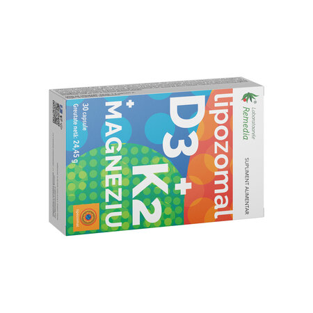 Vitamina D + Vitamina K2 + Magneziu Lipozomal, 30 capsule, Remedia 683626