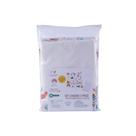 Lenjerie 3 piese + protectie impermeabila, 120x60 cm, Animalute, Fic Baby 763705