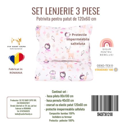 Lenjerie 3 piese + protectie impermeabila, 120x60 cm, Fetite, Fic Baby 763711