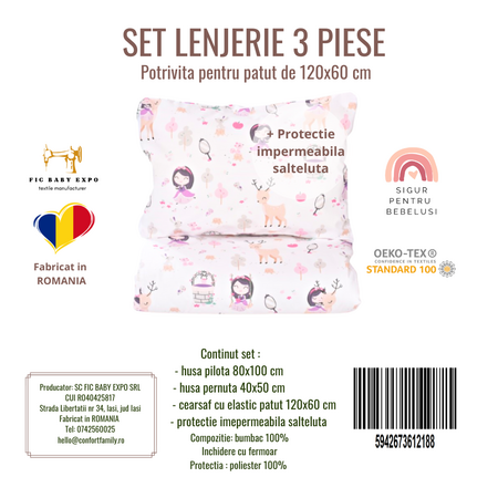 Lenjerie 3 piese + protectie impermeabila, 120x60 cm, Fetite, Fic Baby 763711