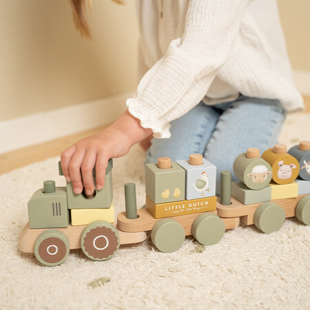 Trenulet din lemn pentru stivuire Little Farm, 12 luni+, Tractor, Little Dutch 684843