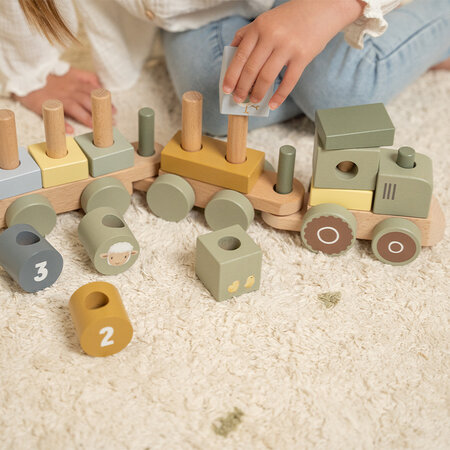 Trenulet din lemn pentru stivuire Little Farm, 12 luni+, Tractor, Little Dutch 684842