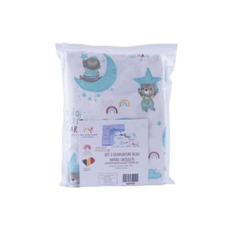 Set 2 cearsafuri bumbac, 120x60 cm, Bleu, Ursuleti in Balon, Fic Baby 764343