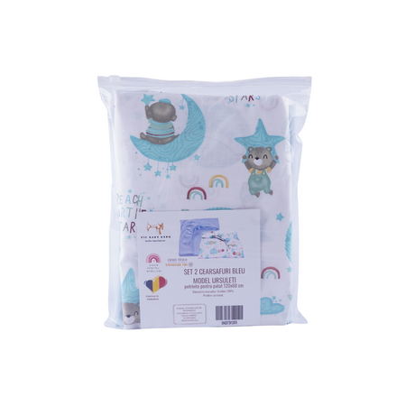 Set 2 cearsafuri bumbac, 120x60 cm, Bleu, Ursuleti in Balon, Fic Baby 764343