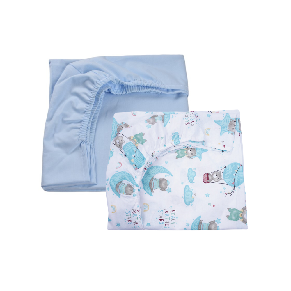 Set 2 cearsafuri bumbac, 120x60 cm, Bleu, Ursuleti in Balon, Fic Baby