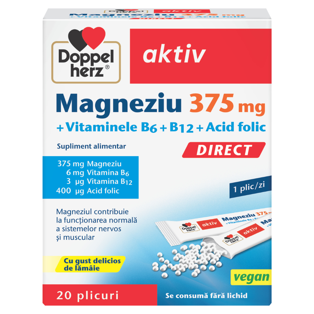 Magneziu 375 mg + B6 + B12 + Acid Folic Aktiv, 20 plicuri unidoza cu granule, Doppelherz