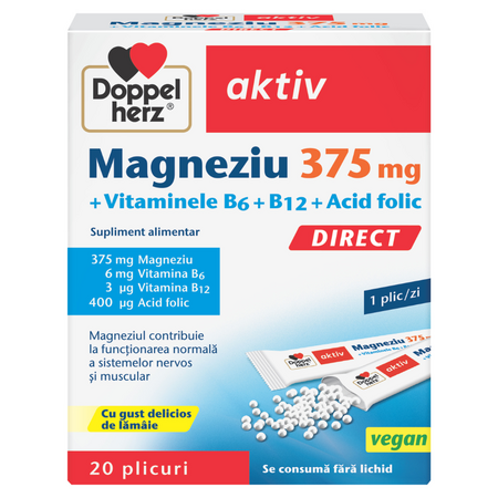 Magneziu 375 + B6 + B12 + Acid Folic Aktiv, 20 plicuri unidoza cu granule, Doppelherz