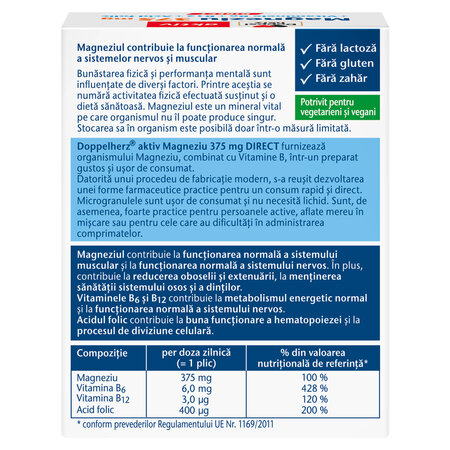 Magneziu 375 mg + B6 + B12 + Acid Folic Aktiv, 20 plicuri unidoza cu granule, Doppelherz 684933