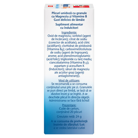 Magneziu 375 mg + B6 + B12 + Acid Folic Aktiv, 20 plicuri unidoza cu granule, Doppelherz 684935
