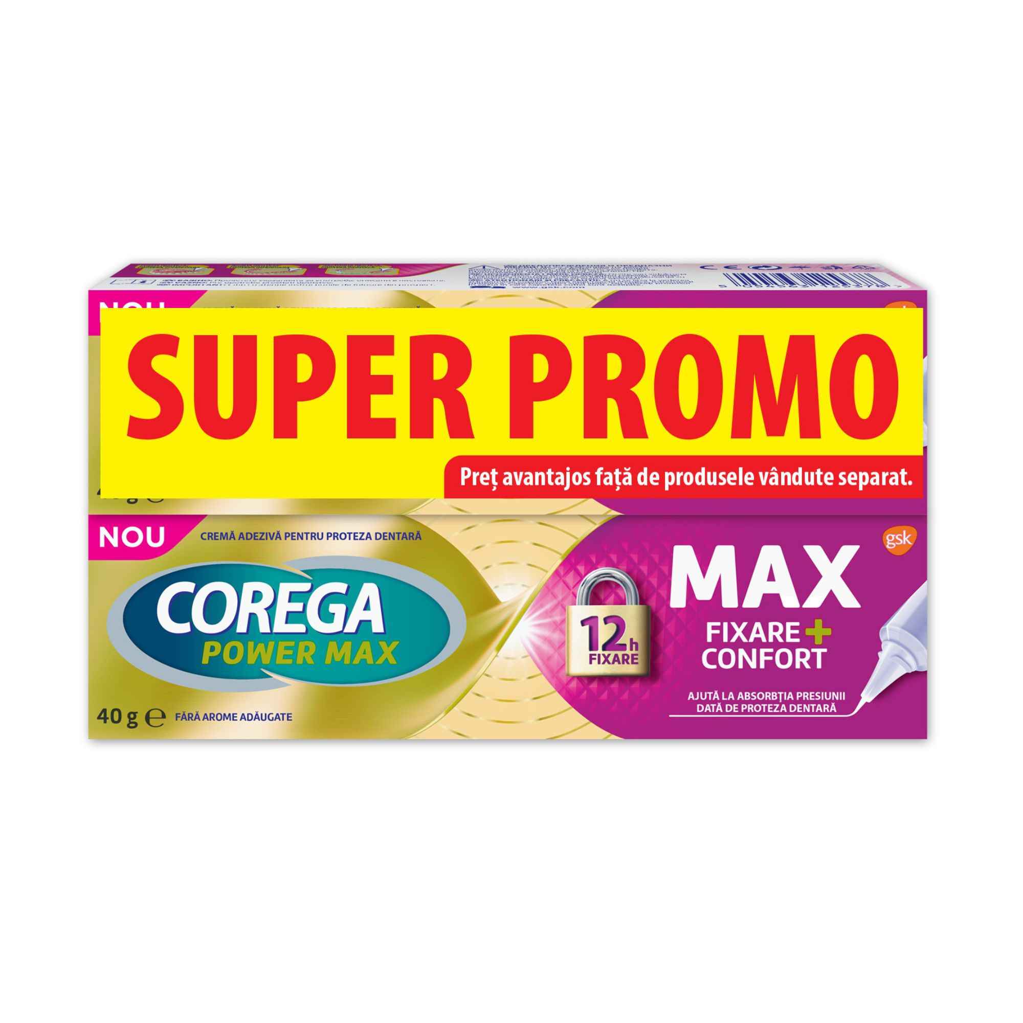 Crema adeziva pentru proteza dentara Max Fixare+Confort, 2 x 40 g, Corega