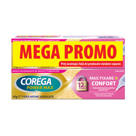Crema adeziva pentru proteza dentara Max Fixare+Confort, 2 x 40 g, Corega