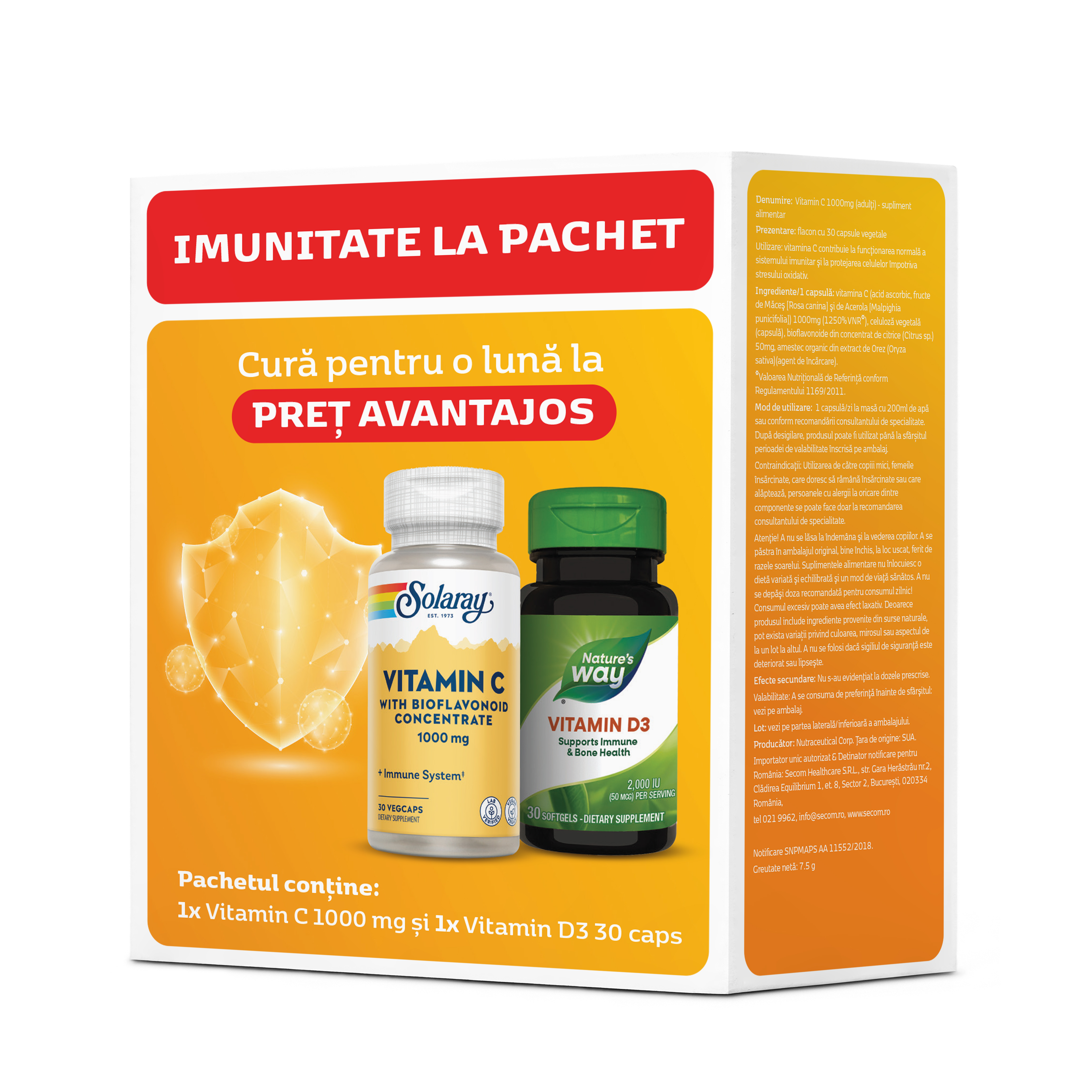 Pachet Vitamina C Solaray + Vitamina D3 Nature`s Way, 30+30 capsule, Secom