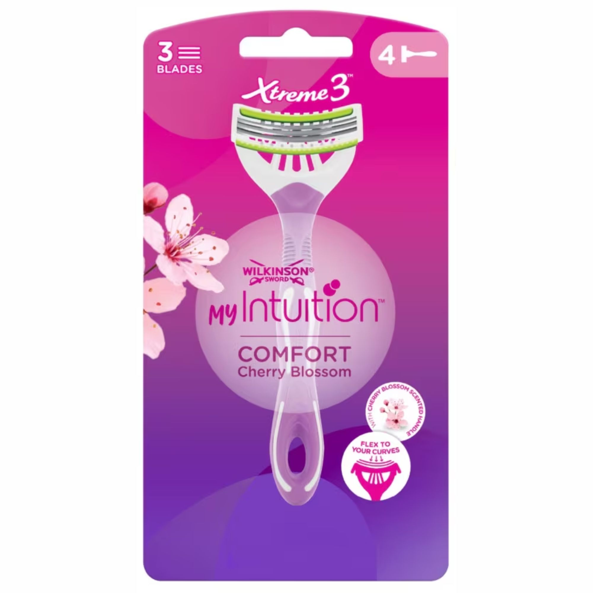 Aparat de ras flexibil cu 3 lame si maner cu parfum flori de cires Xtreme 3 My Intuition Comfort, 4 buc, Wilkinson