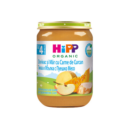 Meniu Bio dovleac si mar cu carne de curcan, 190 g, Hipp
