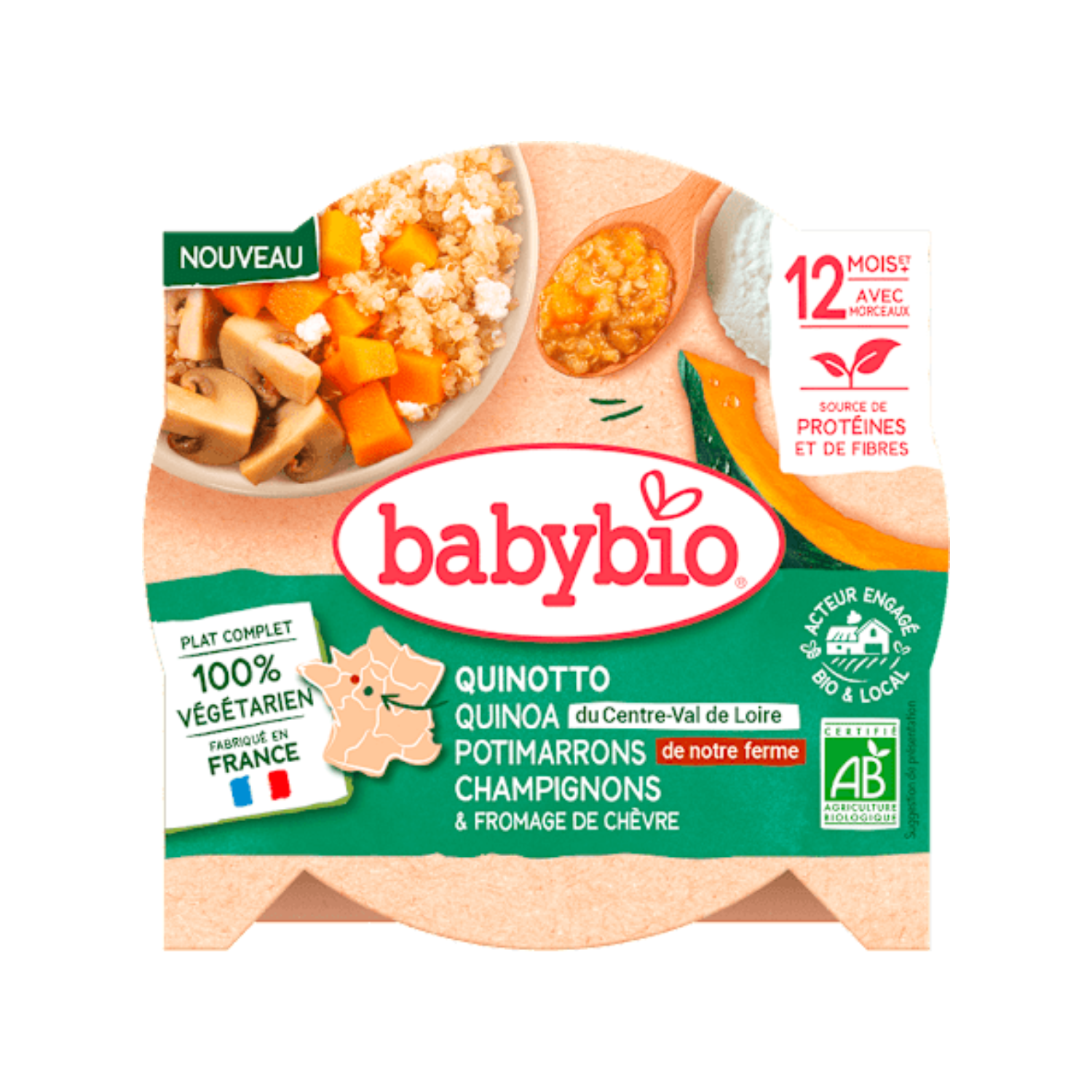 Meniu Bio quinoa, dovleac verde, ciuperci si branza de capra, 12 luni+, 230 g, Babybio