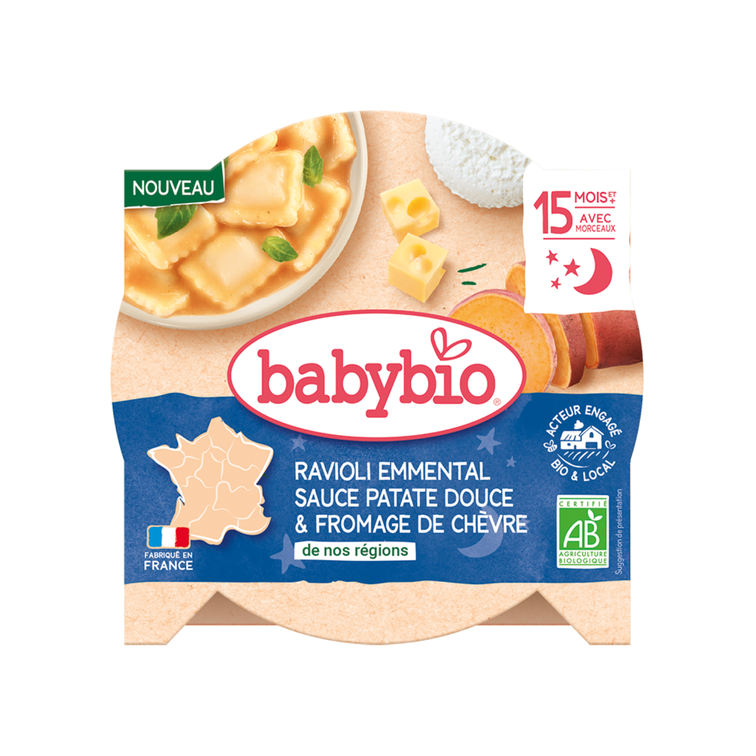 Meniu Bio ravioli, sos emmental, cartofi dulci si branza de capra, 15 luni+, 190 g, Babybio