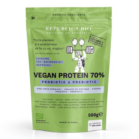 Pudra proteica Bio vegana 70%, cu aroma de cookies, 500 g, Republica Bio