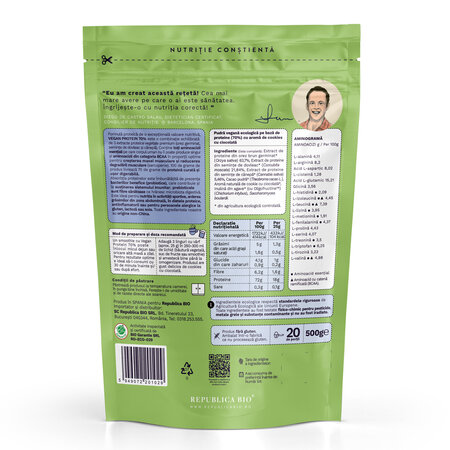 Pudra proteica Bio vegana 70%, cu aroma de cookies, 500 g, Republica Bio 744992