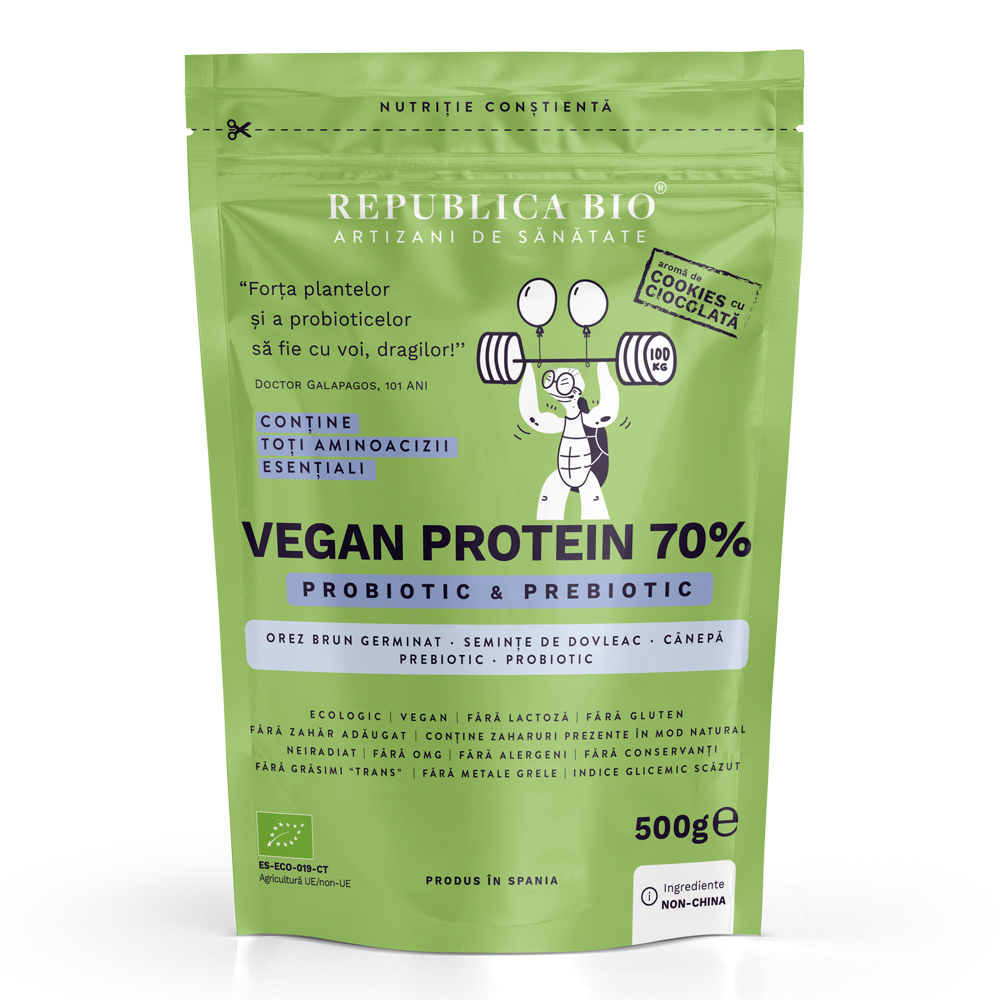 Pudra proteica Bio vegana 70%, cu aroma de cookies, 500 g, Republica Bio