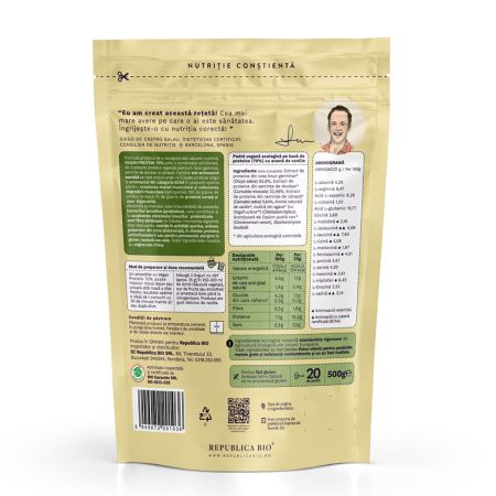Pudra proteica Bio vegana 70%, cu aroma de vanilie, 500 g, Republica Bio 740925