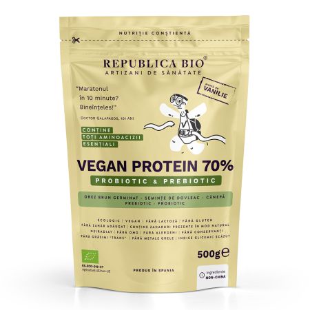 Pudra proteica Bio vegana 70%, cu aroma de vanilie, 500 g, Republica