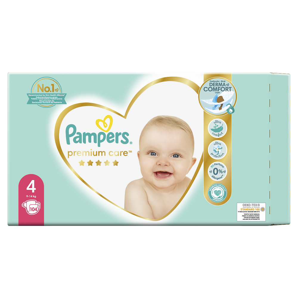 Scutece Premium Care, Nr. 4, 9-14 Kg, 104 buc, Pampers