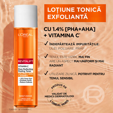 Lotiune tonica exfolianta cu vitamina C Revitalift, 180 ml, Loreal Paris 691895