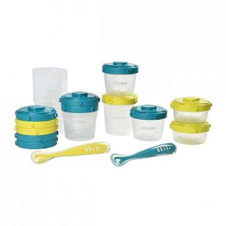 Set 12 recipiente si 2 lingurite, albastru, Beaba 445773