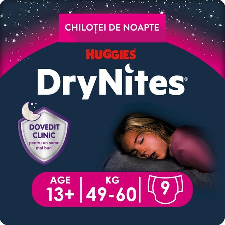 Scutece de noapte Pants DryNites, 49-60 kg, Fete, 13 ani+, 9 buc, Huggies 776463