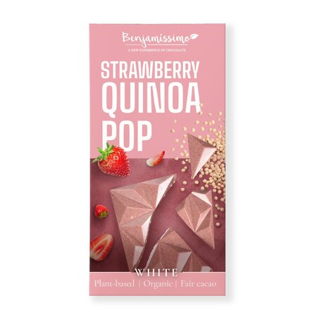 Ciocolata alba Bio cu Capsuni si Quinoa, 60 g, Benjamissimo